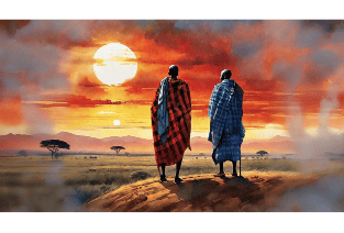 two people standing on a hill with a sunset in the background