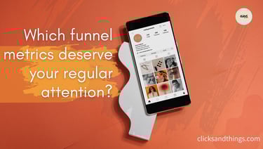 Smartphone showing Instagram profile next to text about funnel metrics and marketing analytics.