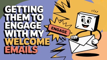 A cartoon envelope character clicking an engage button to boost welcome email marketing engagement.
