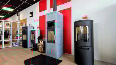 a large room with a stove and a stove