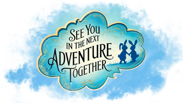 Whimsical blue sign with bunnies holding hands, skies, text: See you in the next adventure together.