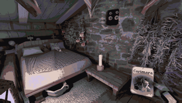screenshot of carimara: beneath the forlorn limbs. two pairs of eyes peer at the player in a bedroom
