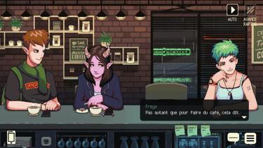 Capture d'écran de Coffee Talk sur PC où l'on voit trois personnages qui discutent.