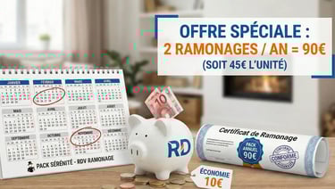 Infographie offre 'Pack Sérénité' de Ramonage Direct : 2 ramonages par an pour 90€ (45€ l'unité)