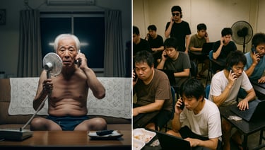 高齢男性が電話を受ける自宅の様子と、複数の若い男性が詐欺電話をかけている部屋｜堺市のニュースならサカイタイムズ