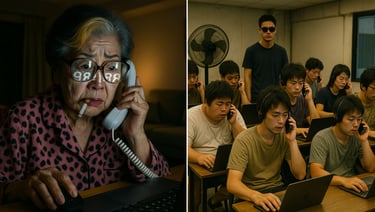 特殊詐欺の不審電話を受ける高齢女性と、詐欺グループが電話をかけている様子｜堺市のニュースならサカイタイムズ