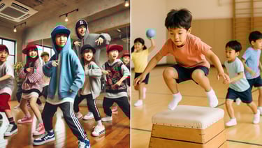 子どもたちがダンスレッスンに参加する様子（左）と、跳び箱を使って運動遊びをする子どもたち（右）のイメージ画像｜堺市のニュースならサカイタイムズ