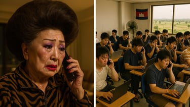 高齢女性が不審電話を受けて動揺する様子と、海外拠点で詐欺電話をかける集団の様子|堺市のニュースならサカイタイムズ