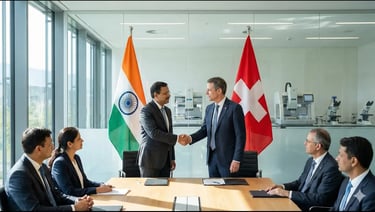 India–Switzerland officials discussing major pharma and biotech collaboration in a formal meeting.