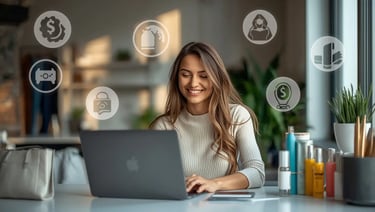 “Mulher trabalhando em home office com laptop e cadernos, planejando estratégias de marketing de afi