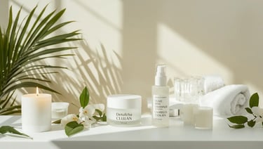 Banner mostrando produtos de beleza e itens de autocuidado em ambiente moderno e iluminado naturalme