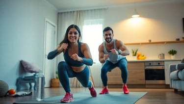 “Mulher fazendo exercícios em casa, como prancha e agachamento, cercada por frutas, vegetais e garra