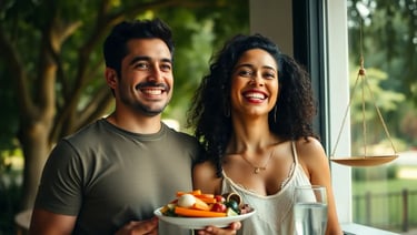 “Mulher sorridente preparando refeição saudável em cozinha iluminada, com frutas, vegetais e garrafa