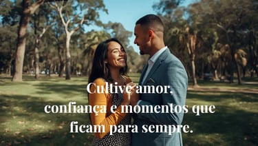 Casal feliz de mãos dadas em um parque, simbolizando amor, conexão e relacionamentos saudáveis.