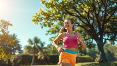 Mulher feliz fazendo caminhada ao ar livre, representando emagrecimento saudável e bem-estar.