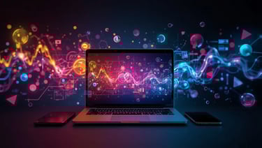 Imagem de aprendizado digital com laptop, livros e elementos de estudo minimalistas.