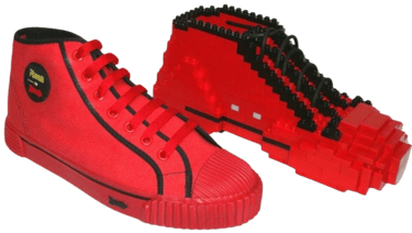 a pair of red shoes with a lego - style shoelacee CorpoRASTI