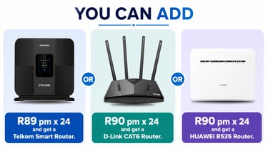 Comparison of Huawei and D-Link WiFi router deals including Telkom Smart, CAT6, and B535 models.