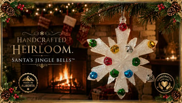 Handcrafted snowflake ornament with colorful jingle bells hanging by a cozy Christmas fireplace.