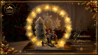 Rustic handmade Christmas display featuring woodland trees, snow accents and heirloom holiday décor