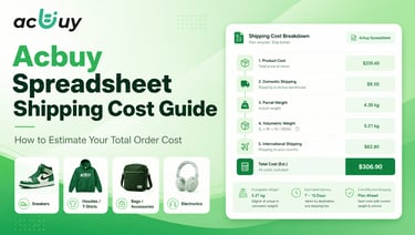 Acbuy Spreadsheet Shipping Cost Guide showing parcel weight, volumetric shipping, product categories