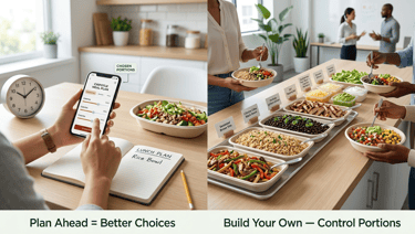 Planning Chipotle meal with calorie calculator on phone and healthy catering setup with customizable