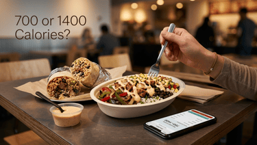 Chipotle-style burrito bowl with chicken, rice, beans and sauce next to a smartphone showing calorie