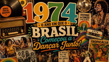 Vintage 1974 Brazilian music collage featuring Tropicália posters, retro radio, and people dancing.