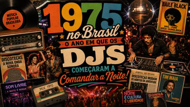 Vintage 1970s Brazilian disco collage featuring a DJ, vinyl records, and Baile Black culture posters.