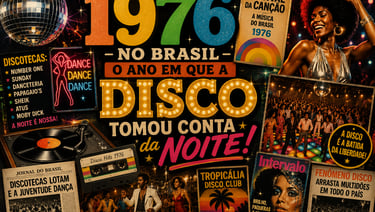 Vintage 1970s disco music poster featuring a mirror ball, vinyl records, and vibrant Brazilian club culture imagery.