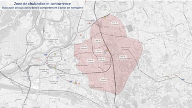 Carte de zone de chalandise et d'environnement concurrentiel réalisée dans le cadre d'une étude d'implantation commerciale.