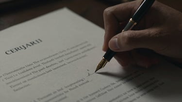 Cinematic close-up of a fountain pen signing a confidential legal document, dramatic side lighting, deep shadows, gold ink accents, luxury office atmosphere
