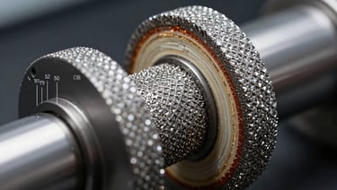 Wide macro photograph of a diamond grinding wheel cross-section under laboratory lighting, bond matrix layers clearly visible, technical measurement callouts implied by depth of field, dark background