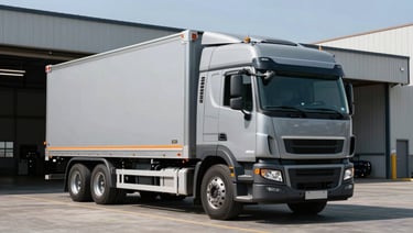 A clean modern commercial freight truck parked at a logistics depot, bright daylight, high-contrast slate tones, sharp focus, 35mm lens