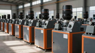 Industrial technical equipment secured inside a clean warehouse facility, natural daylight, high-contrast shadows, sharp focus, 35mm lens