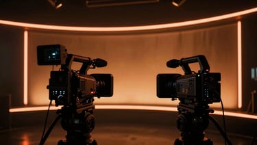 Cinematic high-contrast shot of a dark studio set with neon-orange glowing accents, broadcast cameras in the foreground, moody atmosphere.