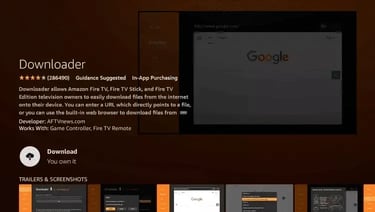 Downloader app for Amazon Fire TV and Firestick interface showing the Google search browser page.
