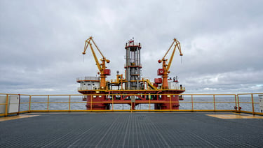 Wide panoramic view from the deck of a North Sea semi-submersible platform, steel grating in the foreground, cranes and riser stacks mid-frame, grey overcast sky, industrial tungsten deck lighting mixing with flat daylight, no crew visible
