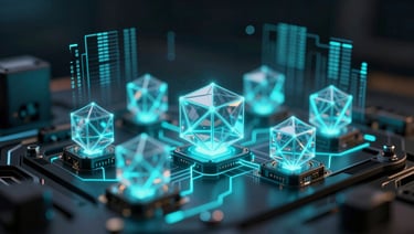 Macro shot of futuristic glowing 3D blockchain nodes with digital data charts overlay, electric cyan lines, deep shadow background