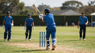 Wide shot from behind the stumps, a junior batter in blue club kit driving a ball through covers on a green oval, teammates running in the background, natural midday sun on the grass