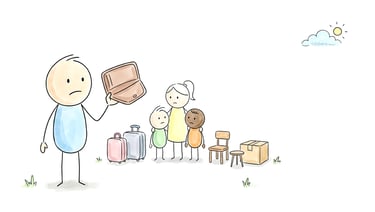 Illustration: Familie mit ihren Habseligkeiten - der Vater zeigt seinen leeren Geldbeutel