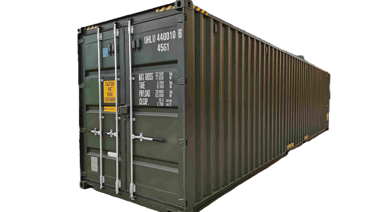 Dark green 40ft high cube shipping container with steel doors for storage and freight transport.