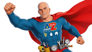 Azman ECR home repair superhero mascot with a tool belt for plumbing and electrical services.