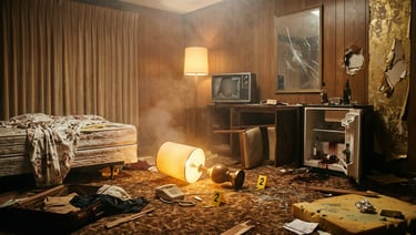 Destroyed hotel room showing the aftermath of a high-profile pop culture event.