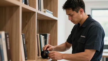 Un professionnel en uniforme propre et discret de Québec Pro Services ajustant méticuleusement les détails d'un espace de vie.