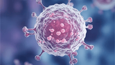 Microscopic 3D rendering of a cancer cell with protein spikes on a blurred blue background.