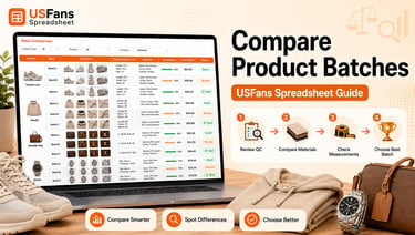 Compare product batches on the USFans Spreadsheet using QC photos, measurements, materials, construc