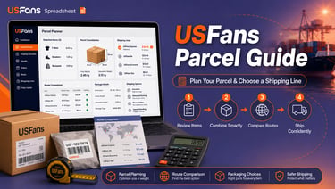 Plan a USFans parcel by consolidating warehouse items, managing packaging, comparing shipping lines,