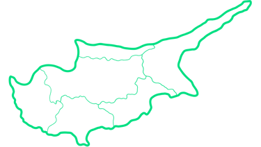 Neon green outline map of Cyprus showing district borders on a black background.