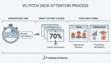 Infographic showing how investors scan VC pitch decks in under 3 minutes.